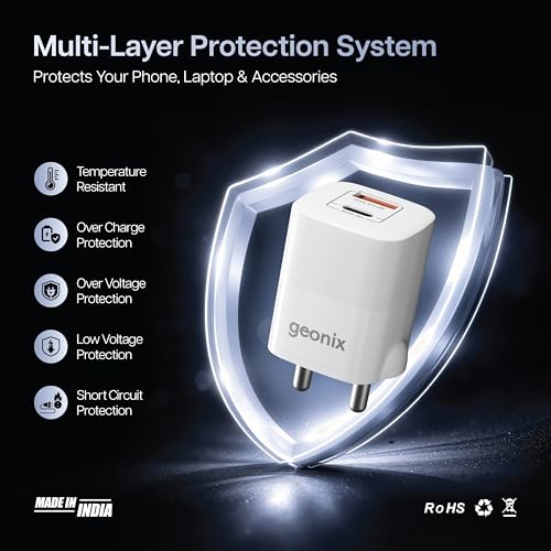 Image of Geonix Atomic G45, Gan Chrger, 45W GaN Charger | Dual Port USB & Type-C Fast Charging Adapter for iPhone 16-11 Series, iPad, Android Phones, Laptop, Tablet, Power Bank (White)
