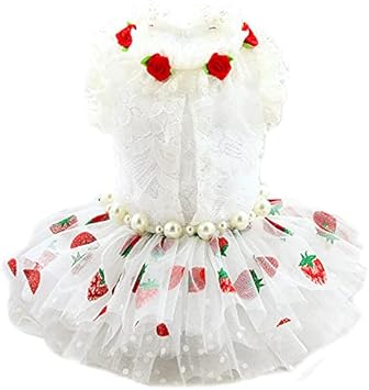 Amazon Zlovepet 手作りする 犬の服 犬のワンピースいちご 甘い 水溶レース つぼみ領 柔らかい纱 ポンポンスカートのすそ 姫の スカートウエディングドレス L Zlovepet ドレス ワンピース 通販