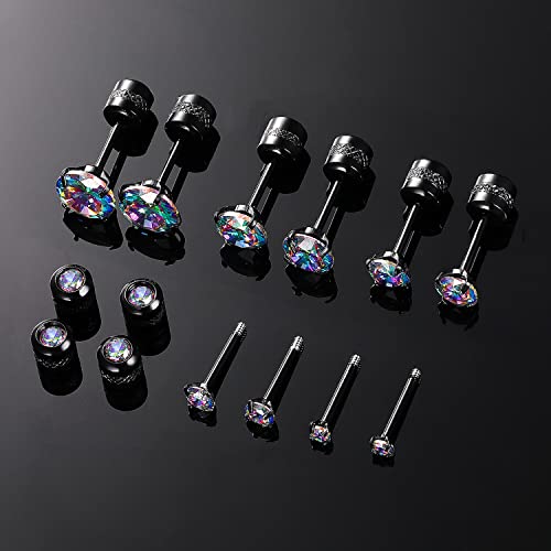 Titanium Screw Back Pack Of Earrings Rainbow Cubic Zirconia Stud Set For Women Men Black Gold Plated 20G Helix Piercing Surgical Stainless Steel Hypoallergenic For Sensitive Ears Simulated Diamond #TOP4