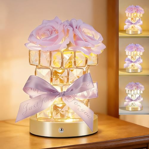 Image of Women Gifts Purple Rose Flower Lamp Cordless LED Touch Flower Night Light | 3-Colour Stepless Dimming,Rechargeable Small Flower Bedside Table Lamp,Birthday Gift for Women,Home Living Room Bedroom Decor