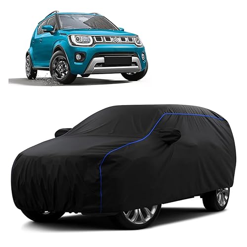 Image of Sulfar 100% Water Resistant Car Body Cover Compatible with Mirror for Maruti Suzuki Ignis (Triple Stitched, Full Bottom Elastic, Black Tafetta with Blue Piping)