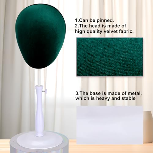 kelukeya Velvet Wig Head Stand for Hat and Wig Display, Adjustable Mannequin Head Stand with Retractable Metal Base for Styling and Display (Velvet dark green) — view 4