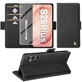 Giyer Cover per Samsung Galaxy S26 Plus Custodia con Vetro Temperato, Premium PU Portafoglio Slot per Scheda RFID Antifurto Funzione Supporto Flip Case, Antiurto per Samsung S26 Plus Cover (Nero)