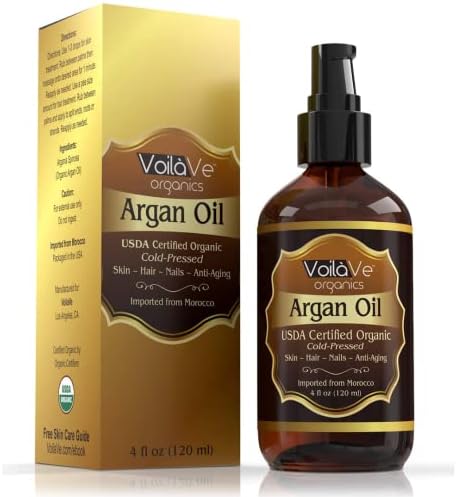 VoilaVe USDA and ECOCERT Pure Organic Moroccan Argan Oil for Skin, Nails & Hair Growth, Anti-Aging Face Moisturizer, Cold Pressed, Hair Moisturizer, Rich in Vitamin E, As Seen On TV - 4 fl oz