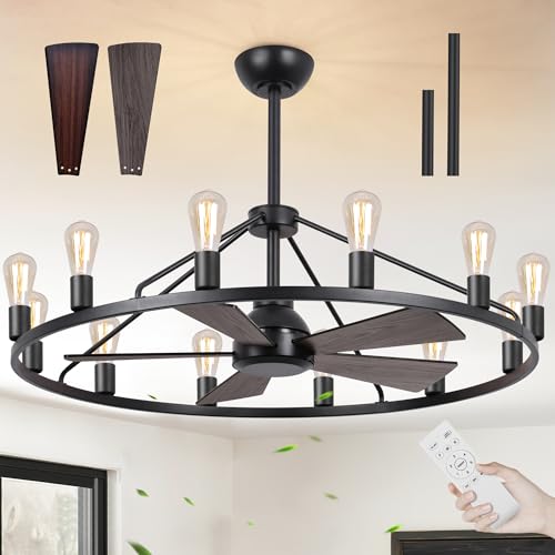 She's home 43" Black Wagon Wheel Chandelier Fan with Light, 12-Lights Large Round Candle Farmhouse Fandelier Ceiling Fan with Light Fixture for Living Room, Dining Room, Height Adjustable by She's home - Used condition - US$210.23