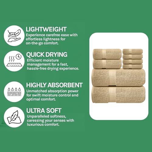Image of Sulfar 100% Combed Cotton, 8 Pcs Towel Set - 2 Bath Towels (70 x 140 cm), 2 Hand Towels (40 x 70 cm) and 4 Face Towel (30 x 30 cm) (600 GSM, Pack of 8) Bleach Sand