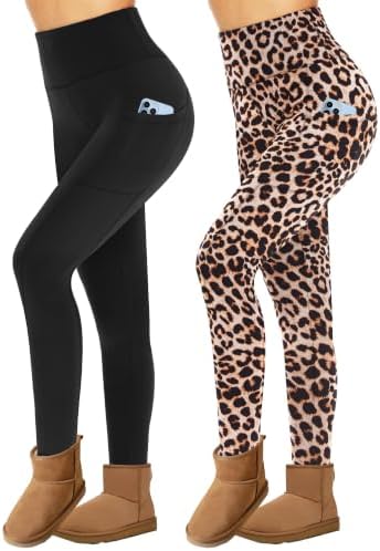 Missluck 2er Pack Thermoleggings Damen Winter mit Taschen für Sport Gym | High Waist Thermohose Gefüttert Fleece Leggins Thermounterwäsche Warm Strumpfhose Winterkleid