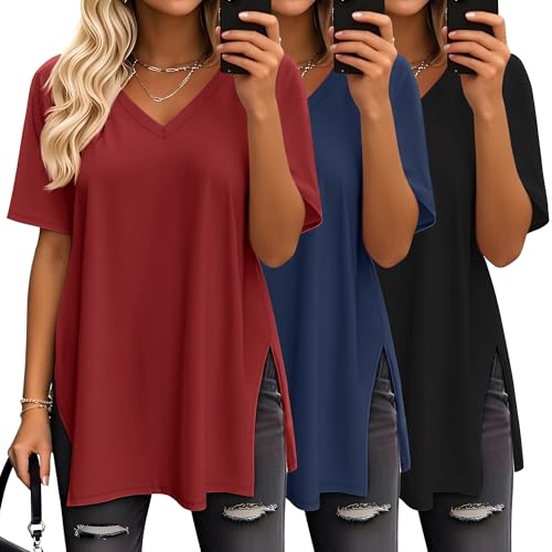 Image of Geyoga 3 Pack Oversized Shirts for Women V Neck Workout T Shirt Casual Side Split Tee Short Sleeve Loose Tops Tunic Tops(Black, Navy Blue, Wine Red,Large)