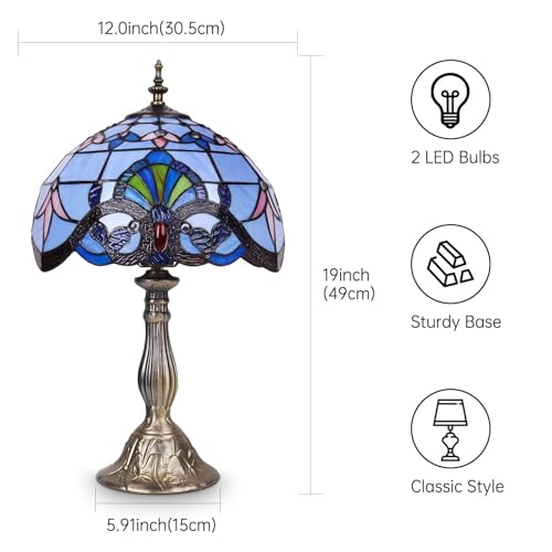 BLUE 12 Inches Tiffany Style Table Lamp,Blue Stained Glass Lamp, Vintage Lamp for Bedroom,Living Room,Home Office（Including 2 LED Bulbs）