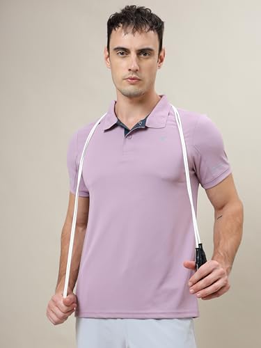 Image of TECHNOSPORT Men's Solid Slim Fit Polo Collar T-Shirt TECHNOCOOL+ Half Sleeve Button Polyester for Gym Running Workout UPF50+ Anti Odour