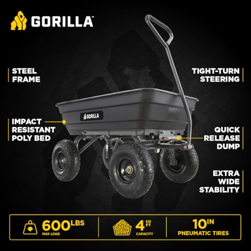 Gorilla Carts Poly Garden Dump Cart, 4 Cu Ft Tub, 600 lb Haul Capacity, Black – Heavy-Duty Utility Wagon with Quick-Release Dumping & Pneumatic Tires for Yard, Landscaping and Gardening by Gorilla Carts - Image 2