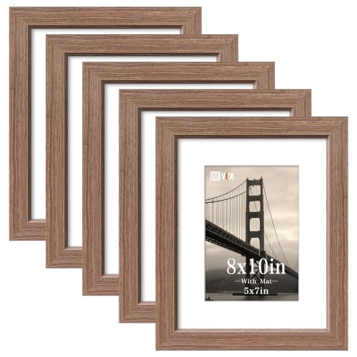 VCK 8x10 Picture Frame, Walnut Wood, Real Glass, 5 Pack, Tabletop & Wall