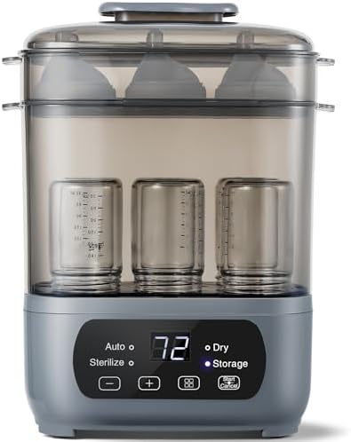 4-in-1 Baby Bottle Steamer and Dryer, Electric Steamer with Fast Drying, Universal Fit for All Bottles, LED Touch Screen & Auto Shut-Off Protection (Grey)