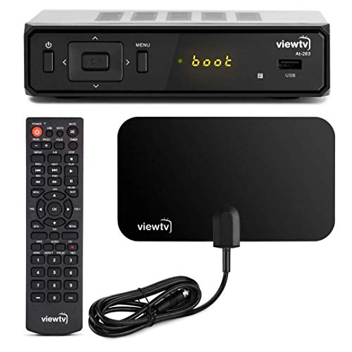 ViewTV AT-263 ATSC Digital TV Converter Box Bundle 25 Mile Flat HD Digital Indoor TV Antenna and HDMI Cable w/Recording PVR Function/HDMI Out/Coaxial Out/Composite Out/USB Input