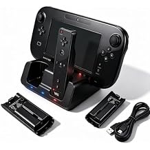 Charging Dock Station for Wii U Gamepad & Remote Controllers, 3-in-1 Multi-Charger Base Cradle Stand with 22800mAh Rechargeable Batteries & USB Cable, Auto Power-Off Protection, Black