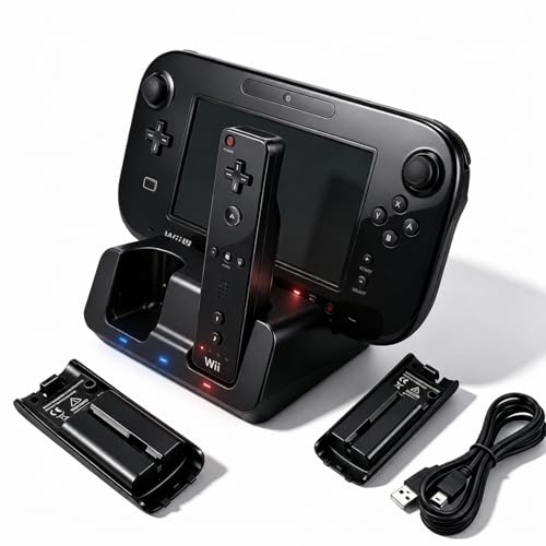Otakulicious Charging Dock Station for Wii U Gamepad & Remote Controllers, 3-in-1 Multi-Charger Base Cradle Stand with 2×2800mAh Rechargeable Batteries & USB Cable, Auto Power-Off Protection, Black