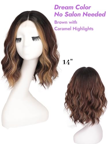 Image of Eawwii Wigs for Women Brown Caramel Highlight,Short Wavy Synthetic Lace Wig | Glueless 4x1 Lace Hairline, Heat-Resistant Fiber,Bob Wave Style,Natural Appearance for Everyday Cosplay 14 Inch
