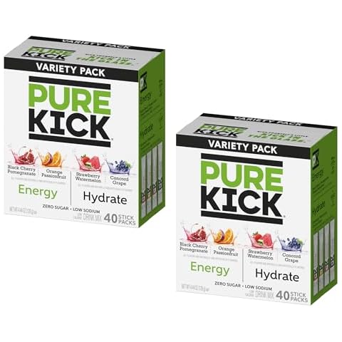Pure Kick Hydrate and Energy Variety Pack - 40 Sticks per Box - Pack of 2 Boxes - Powdered Drink Mix - 2 Flavors of Energy and 2 Hydrate Flavors - Zero Sugar Cover