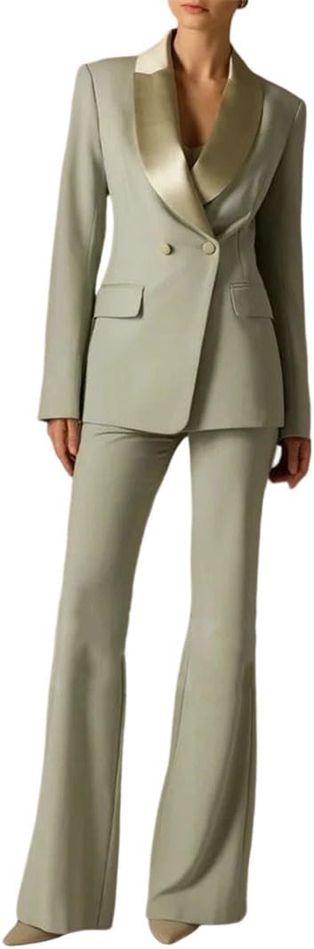 Women Shawl Lapel Double Breasted Blazer Pants Straight Cut Classic Office Formal Wear