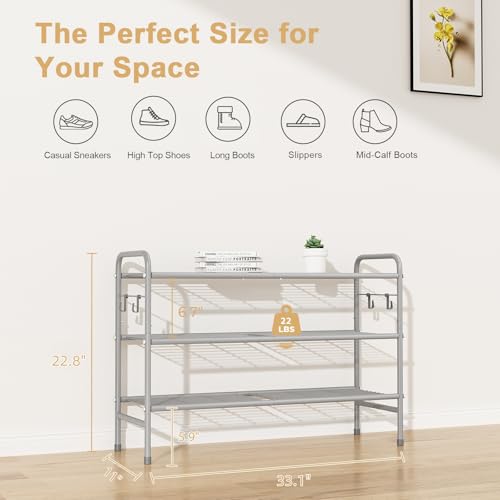 Image of VILICK 3 Tier Shoe Rack 33 inch Wide Metal Shoe Organizer Long Shoe Storage with 4 Side Hooks Sturdy Shoes Shelf for Front Door Entrance, Closet, Garage, Dorm, Grey