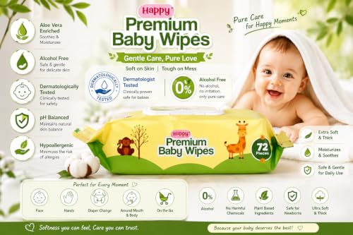Image of Happy Premium Baby Wipes Export Quality with Aloe Vera & Vitamin E Alcohol-Free, Dermatologically Safe & pH Balanced | Gentle Skin Care for Newborns & Toddlers | Flip-Top Lid for Lasting Moisture (3, 72 count (pack of 3))