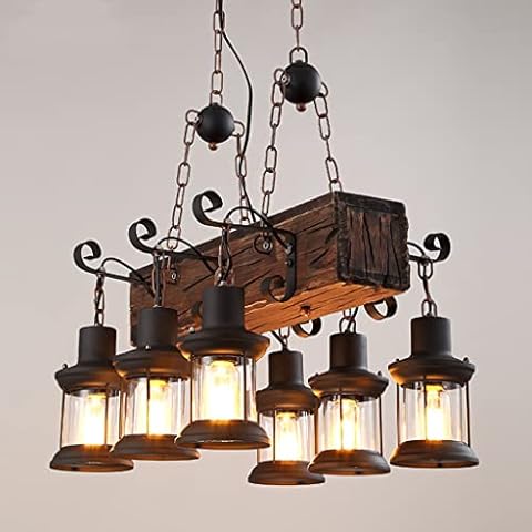 XinZe E27 Vintage Pendant Lamp Industrial Retro Wood Pendant Light Adjustable Height Rustic Glass Lampshade Iron Chandelier Dining Room Hanging Lights Living Room Cafe Edison Loft Hanging Lighting Cover