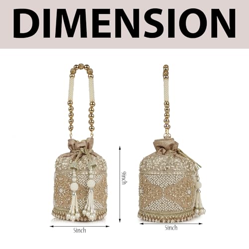 Image of Nevis Silk Fabric Luxury Pearl Embroidered Potli Bag for Women | Bridal Ethnic Drawstring Clutch with Beaded Handle Wedding | Potli Bag