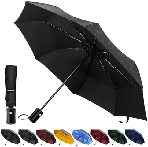 TechRise Parasol, klasyczny wiatroszczelny automatyczny składany kompaktowy parasol podróżny jeden przycisk automatyczne otwieranie i zamykanie, Czarny