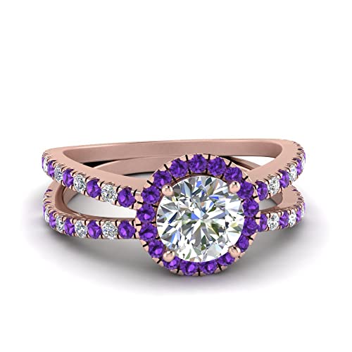 Image of 55Carat Choose Your Gemstone Reverse Split Shank Halo Diamond CZ Ring Rose Gold Plated Round Shape Halo Engagement Rings Matching Jewelry Wedding Jewelry Easy to Wear Gifts US Size 4 to 12