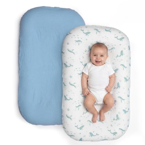 100% Muslin Cotton Baby Lounger Cover, Fits Most Infant Lounger- Blue Whale