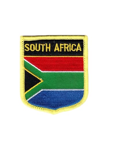 XIAOYATOU 1 PSC South Africa Flag Shield Embroidered Patch, Iron-On National Emblem, 2.76 x 2.36 inches, Yellow Border (South Africa)