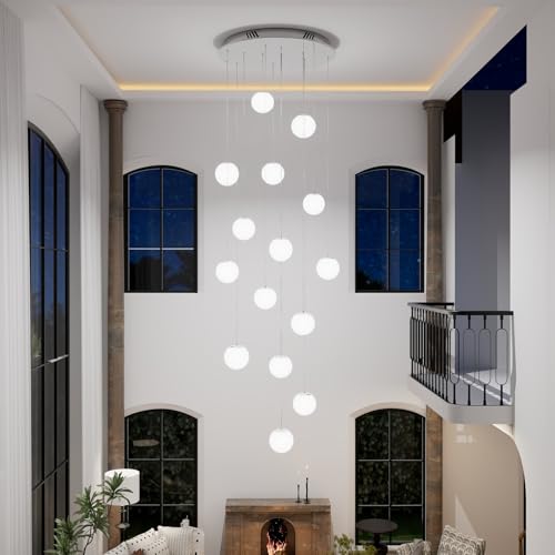 ykolupty H 138" Large Chandelier with White Globe Glass Dimmable Ceiling Light Glass Pendant Light for Kitchen Island, Dining Room, Living Room, Entry Hallway, LED Bulbs Included