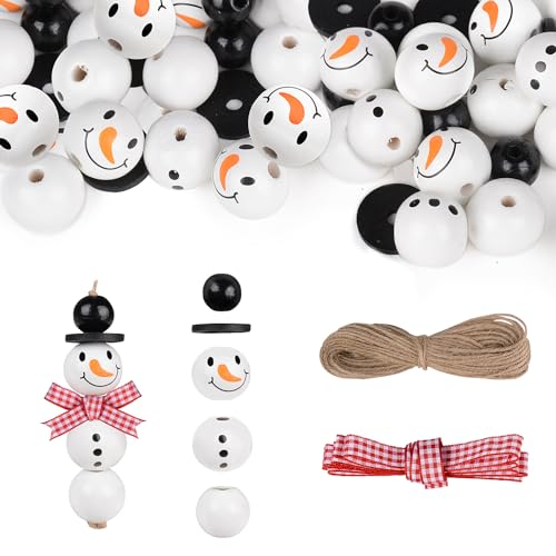 GEBETTER 8* Muñeco Nieve Decoración Árbol Navidad Colgante, 40 Cuentas Abalorios Madera + 1 Cuerda Yute 10m + 1 Cinta 2m Cuadros Rojos Blancos, Manualidad Infantil Adorno Navideño Caja Bolsa Regalo