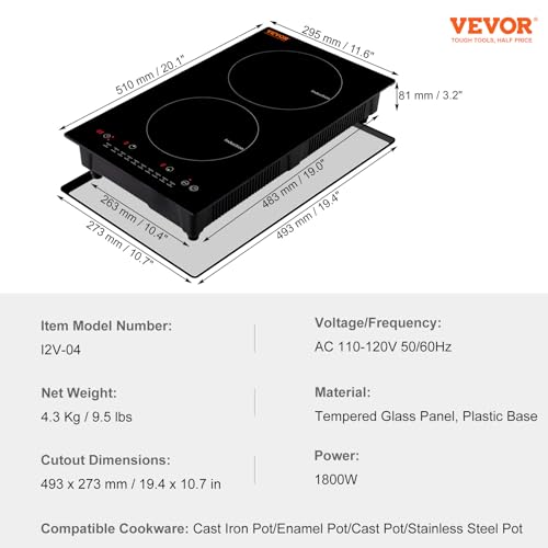 VEVOR Electric Cooktop, 2 Burners, 12'' Induction Stove Top, Built-in Magnetic Cooktop 1800W, 9 Heating Level Multifunctional Burner, LED Touch Screen w/Child Lock & Over-Temperature Protection by VEVOR - Image 7