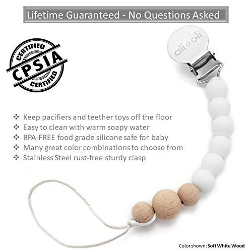 Ali+Oli Pacifier Clip Holder for Baby | Pepe (White Wood)