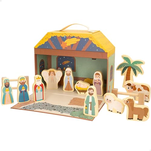WOOMAX Weihnachtskrippe aus Holz, für Kinder, 15 Teile,...