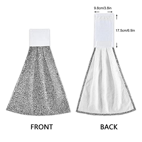 Poeticcity Glitter Silver Grey Texture 2 Pcs Hanging Kitchen Hand Towels, Hanging Tie Towels With Hook & Loop Dishcloths Sets, Decorative Absorbent Tea Bar Bath Hand Towel, Grey,Silver #TOP3
