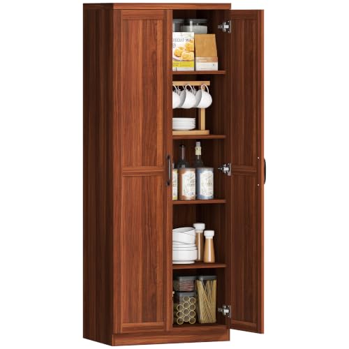 HOMCOM 63" Kitchen Pantry Cabinet with Doors and Adjustable Shelves, Brown | Freestanding Storage Cabinet Organizer, Wood Cupboard for Dining Small Kitchen Bathroom Laundry Room