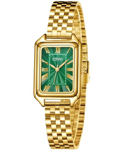 CIVO Orologio Donna Oro Rettangolare: Analogico Impermeabile Orologi Vintage con Cinturino in Acciaio Quadrante Verde - Elegante Orologio da Donna per Regalo Anniversario