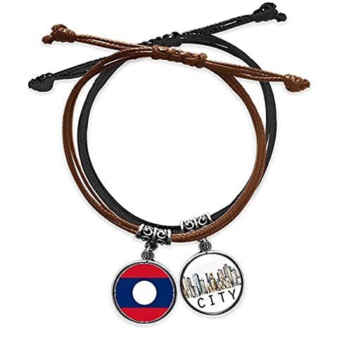Bracelet Laos en cuir avec drapeau national d'Asie, bijou corde tressée et chaîne de main Sidi