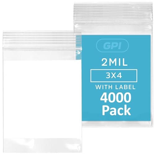 GPI Case of 4000 3" x 4" Clear Plastic Reclosable Zip Bags - Bulk 2 mil Thick Strong & Durable Poly Baggies With Resealable Zipper Top Lock & write-on white block, for storage, packaging & shipping