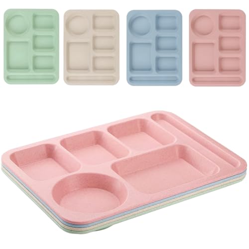 4Pcs Unbreakable Divided Plate,14inch Reusable Plastic Lunch Trays With 6 Compartments,Large Portion Control Plate Serving Meal Plate for Adults,Microwave & Dishwasher Safe For Daily Use,4Colors
