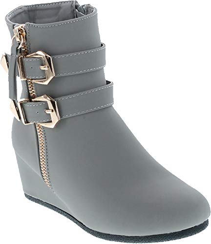 Link Peggy-90K Children Girl's Wedge Heel Double Straps High Top Ankle Booties,Grey,12