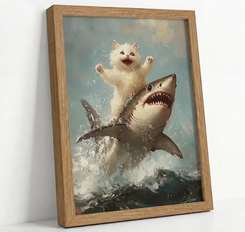 Framed Funny Cat Riding Shark Canvas Wall Art White Cat Vs Shark Wall Decor Picture Humorous Unique Whimsical Animal Poster Print Painting for Living Room Bedroom Bathroom Artwork Home Decoration