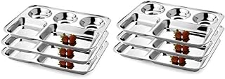 IndiaBigShop Stainless Steel Five Compartment Rectangular Plates, Thali, Mess Tray, Dinner Plate Set