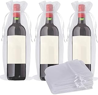 VIKSAUN 20 Pcs Wine Bags Organza, Wine Bottle Gift Bag with Drawstring, Sheer Mesh Wine Gift Pouches, Reusable Wine Bottle Cover Bags for Wine Wedding Christmas Birthday Party Favors ( White)