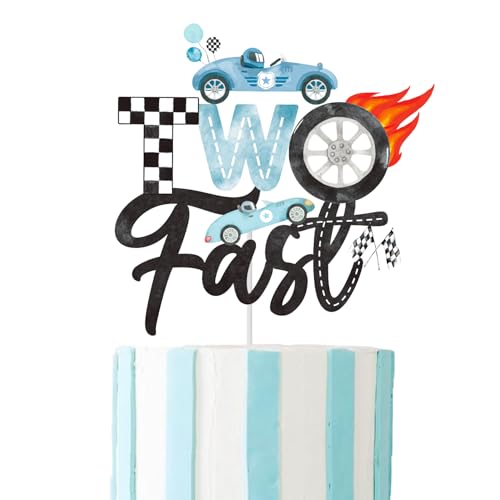 Racing Car Two Fast Cake Topper Race Car 2nd Birthday Party Decorations Blue Racing Themed Cake Decorations Wheel Checkered Flag Cake Pick for Boys Girls Two Birthday Party Supplies by CANDY CHEF - Used condition - Image 2
