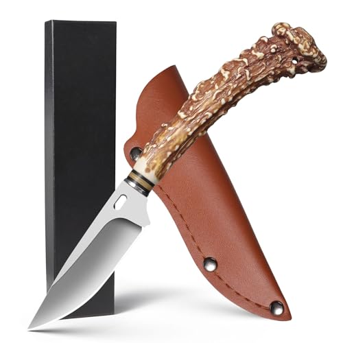 Fixed Blade Camping Knife, High Carbon Stainless Steel Outdoor Knife with Leather Sheath, 8.5cm Compact Survival Knife for Bushcraft, Hunting & EDC