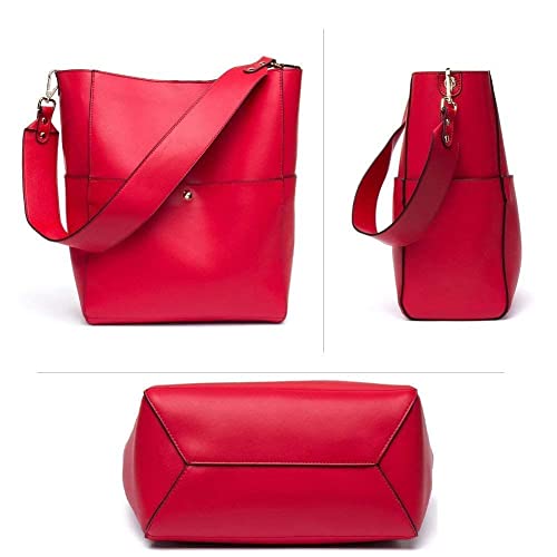 Bostanten Women's Leather Designer Handbags Tote Purses Shoulder Bucket Bags And Leather Wallet Rfid Blocking Small Bifold Zipper Pocket Wallet Card Case Red Bundle #TOP3
