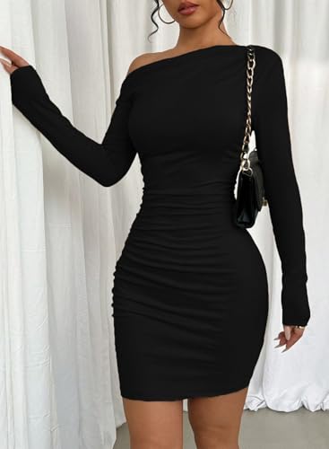 Acelitt Fall Off The Shoulder Dresses for Women 2025 Long Sleeve Ruched Bodycon Cocktail Party Mini Dress4